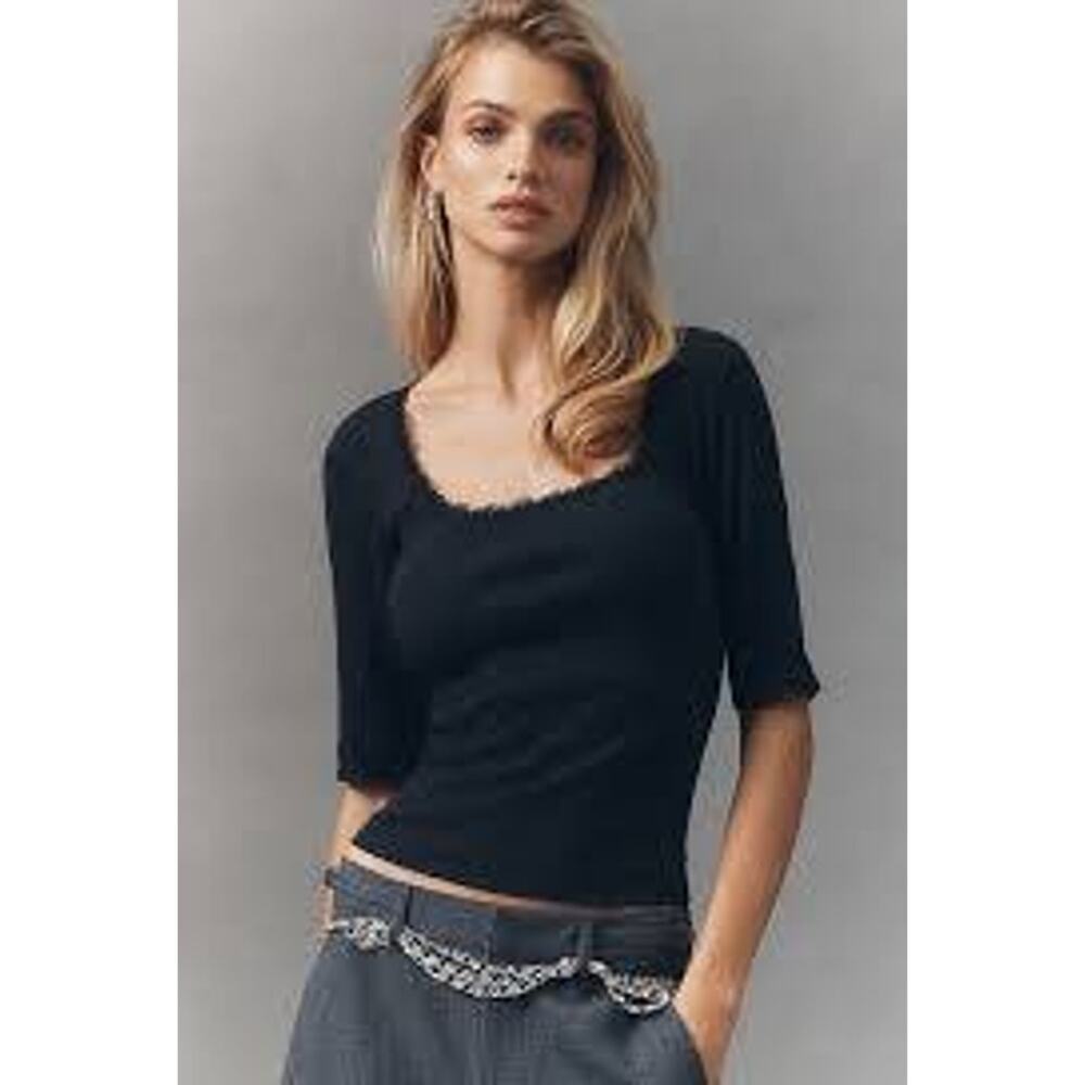 Anthropologie Maeve Lace-Trimmed Ribbed 3/4 Sleeve Top Black Size M EUC